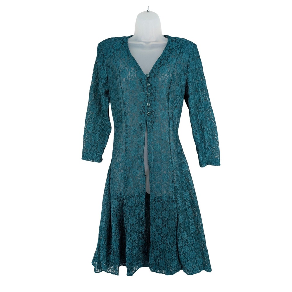 Vintage Lace Overlay Duster 12 Teal Floral Sheer Button Front Whimsigoth Boho